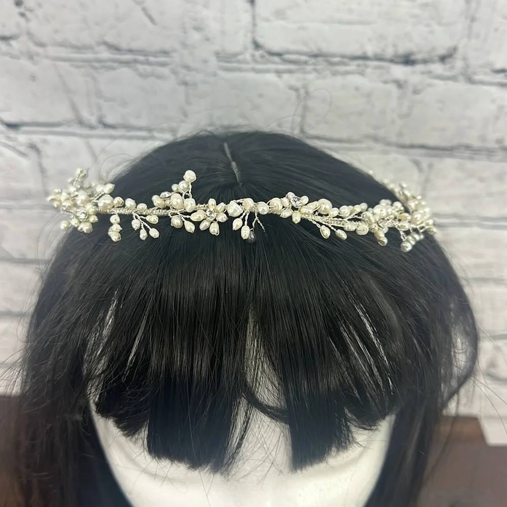 PAISLEY B. DESIGNS Ivory Pearl Rhinestone Headband w/Elastic Bridal Veil NEW!